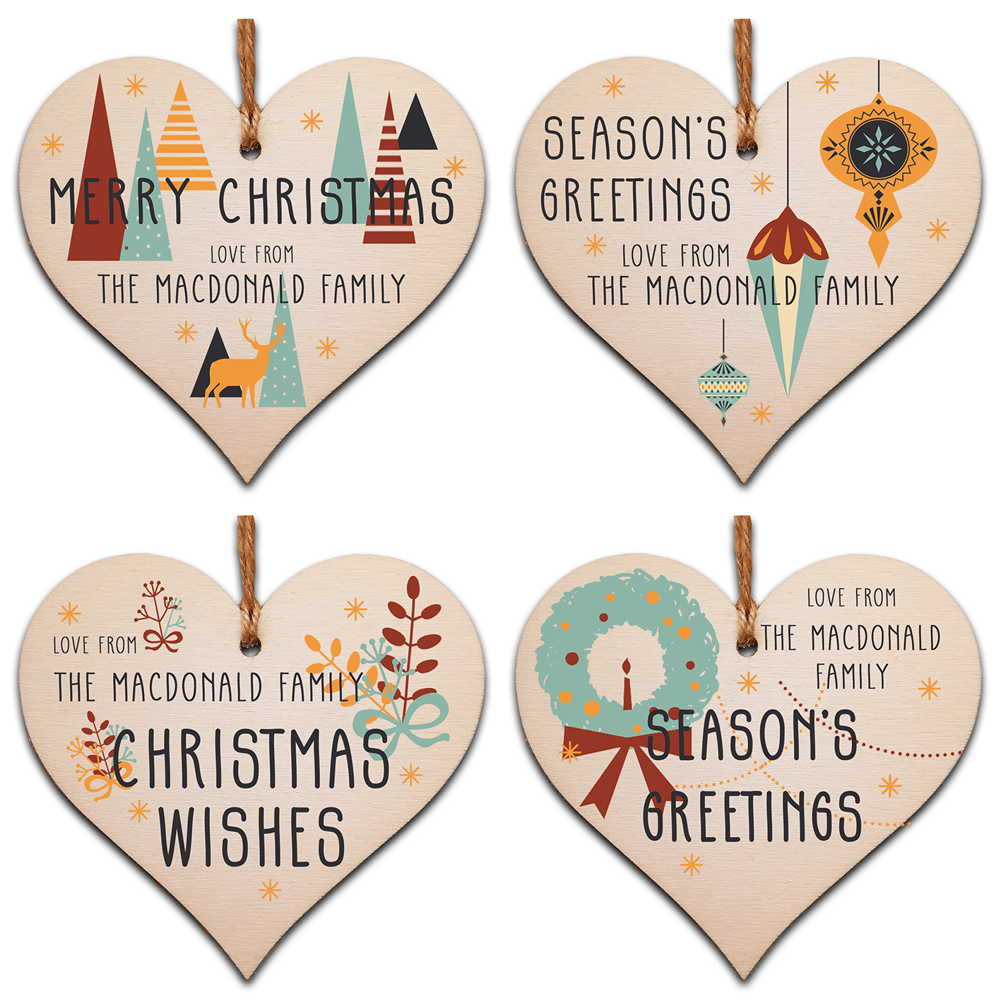 Pack of 4 Personalised Handmade Wooden Hanging Heart Plaques Bauble Christmas Card Alternative Abstract Skandi Style Family Friends Neighbours Colleagues