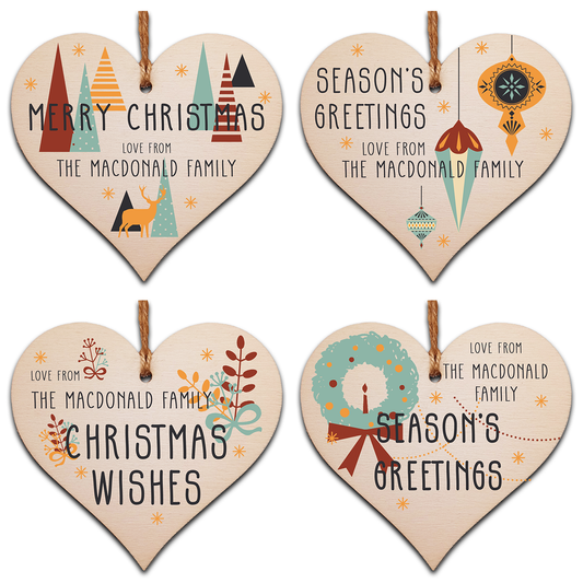 Pack of 4 Personalised Handmade Wooden Hanging Heart Plaques Bauble Christmas Card Alternative Abstract Skandi Style Family Friends Neighbours Colleagues