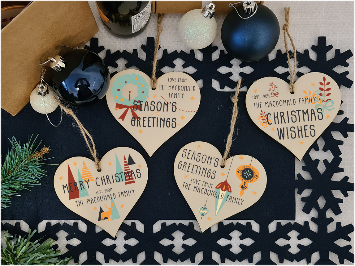 Pack of 4 Personalised Handmade Wooden Hanging Heart Plaques Bauble Christmas Card Alternative Abstract Skandi Style Family Friends Neighbours Colleagues