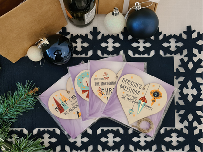 Pack of 4 Personalised Handmade Wooden Hanging Heart Plaques Bauble Christmas Card Alternative Abstract Skandi Style Family Friends Neighbours Colleagues