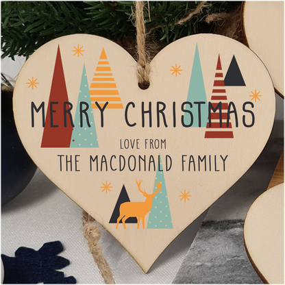 Pack of 4 Personalised Handmade Wooden Hanging Heart Plaques Bauble Christmas Card Alternative Abstract Skandi Style Family Friends Neighbours Colleagues