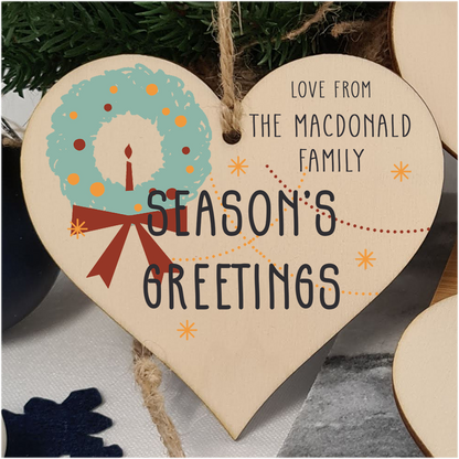 Pack of 4 Personalised Handmade Wooden Hanging Heart Plaques Bauble Christmas Card Alternative Abstract Skandi Style Family Friends Neighbours Colleagues