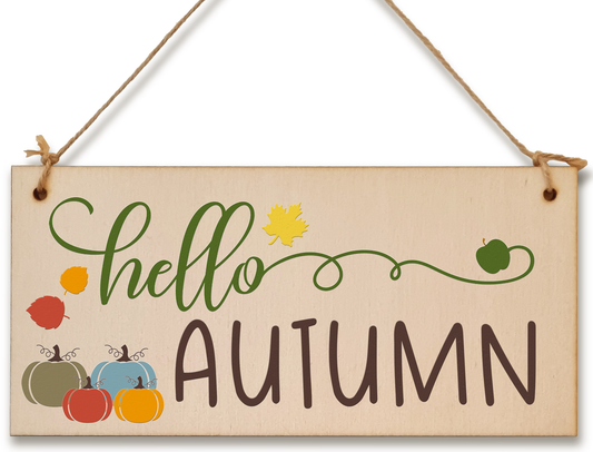 hello Autumn Seasonal Falling Leaves Decorative Pumpkin Sign Handmade Wooden Hanging Wall Plaque Gift Hallway Home Décor