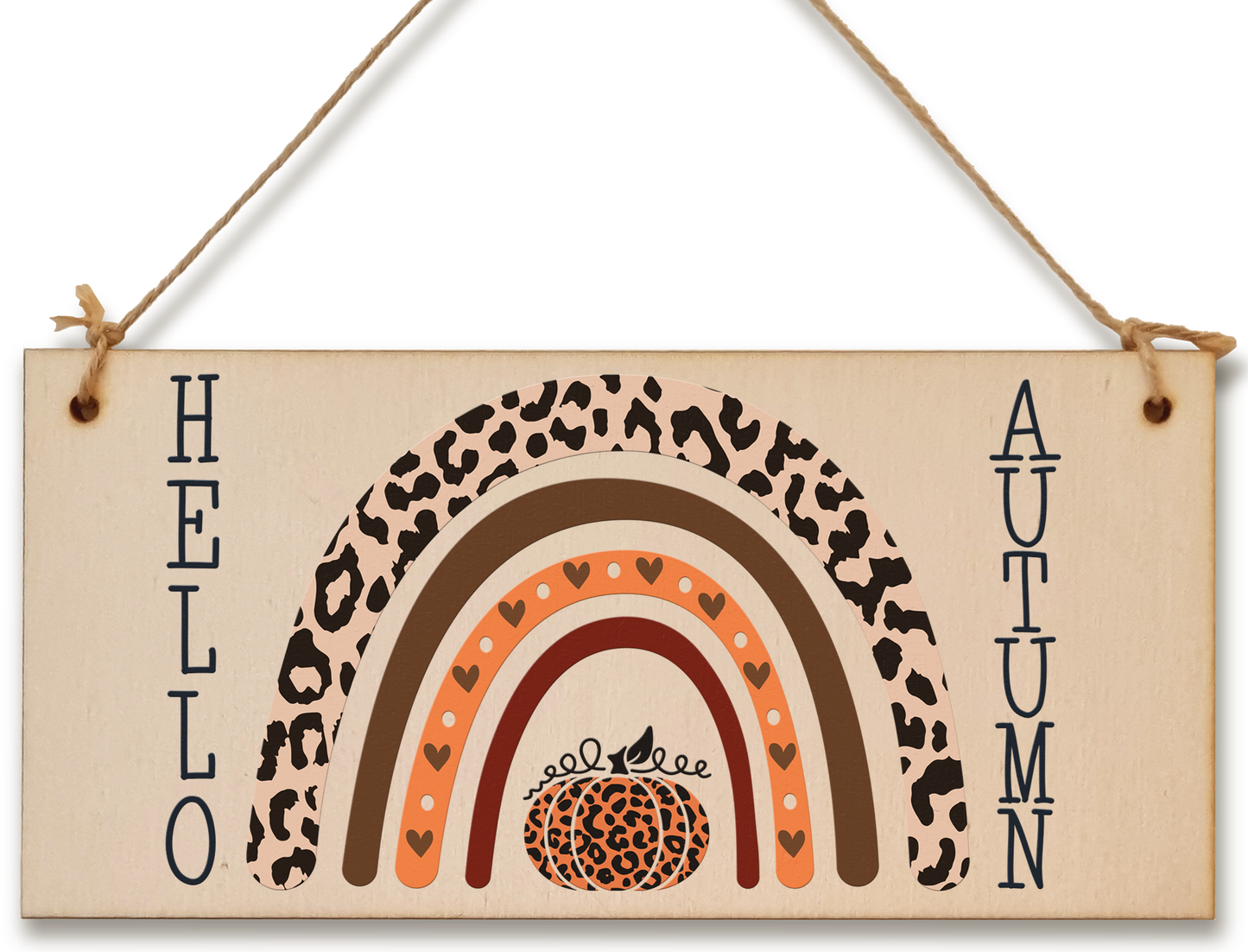 hello Autumn Seasonal Boho Rainbow Decorative Pumpkin Sign Handmade Wooden Hanging Wall Plaque Gift Hallway Home Décor