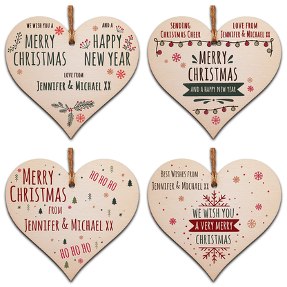 Pack of 4 Personalised Handmade Wooden Hanging Heart Plaques Bauble Christmas Card Alternative Fun Sketchy Style Family Friends Neighbours Colleagues