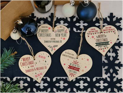 Pack of 4 Personalised Handmade Wooden Hanging Heart Plaques Bauble Christmas Card Alternative Fun Sketchy Style Family Friends Neighbours Colleagues