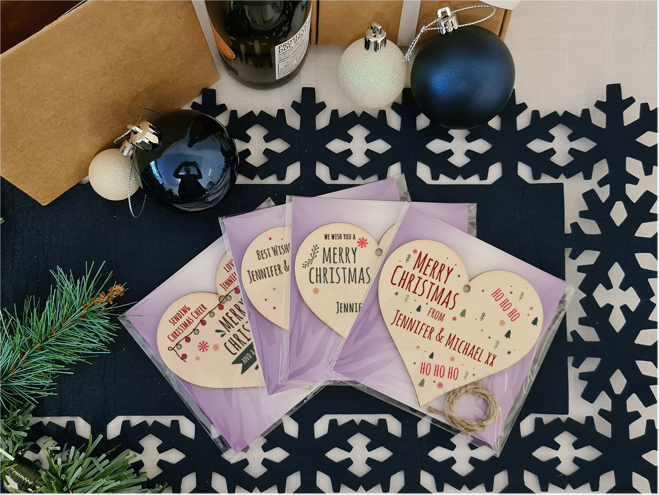 Pack of 4 Personalised Handmade Wooden Hanging Heart Plaques Bauble Christmas Card Alternative Fun Sketchy Style Family Friends Neighbours Colleagues