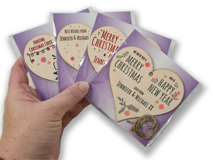 Pack of 4 Personalised Handmade Wooden Hanging Heart Plaques Bauble Christmas Card Alternative Fun Sketchy Style Family Friends Neighbours Colleagues