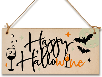 Happy HalloWine Funny Alcohol Halloween Wine Sign Handmade Wooden Hanging Wall Plaque Gift Kitchen Home Décor