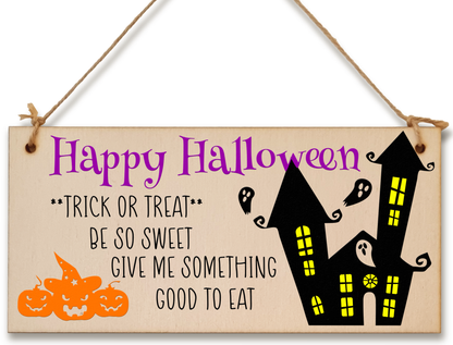 Happy Halloween Treats Sweets Spooky Fun Decorative Sign Handmade Wooden Hanging Wall Plaque Gift Hallway Home Décor