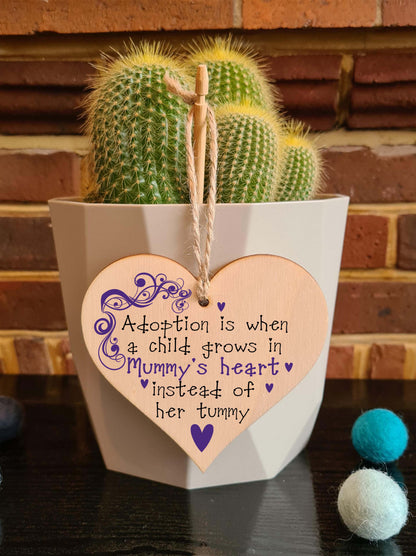 Handmade Wooden Hanging Heart Plaque Gift to Celebrate Adoption