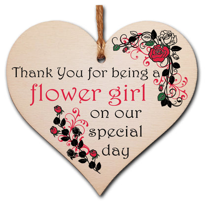 Handmade Wooden Hanging Heart Plaque Gift Thank You for Being My Flower Girl Wedding Novelty Keepsake
