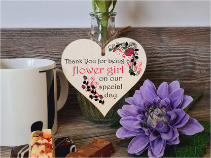 Handmade Wooden Hanging Heart Plaque Gift Thank You for Being My Flower Girl Wedding Novelty Keepsake