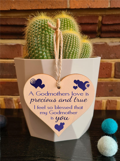 Handmade Wooden Hanging Heart Plaque Gift for precious and Special Godmothers Novelty Keepsake