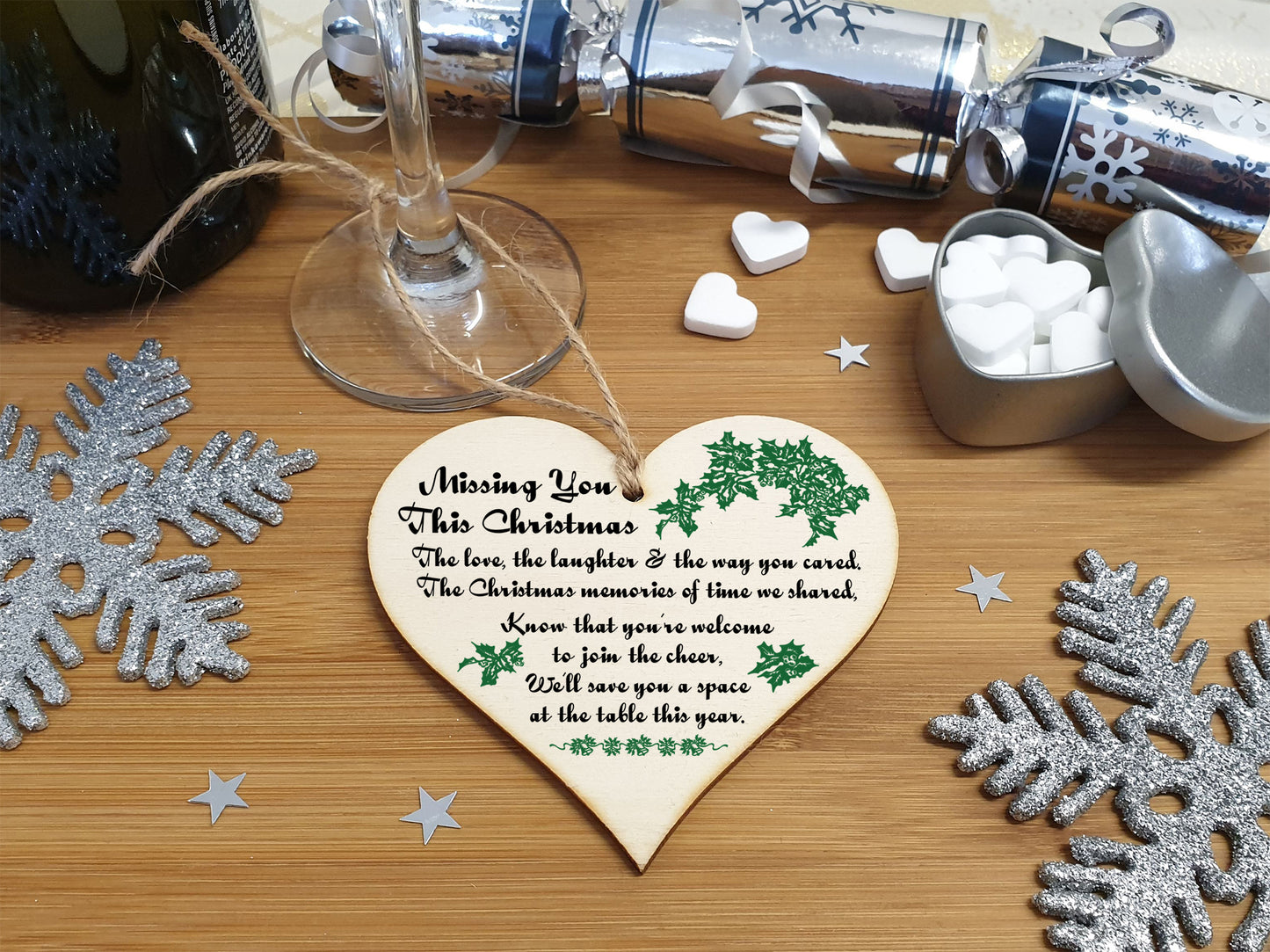 Handmade Wooden Hanging Heart Plaque Gift to Remember Lost Loved Ones at Christmas