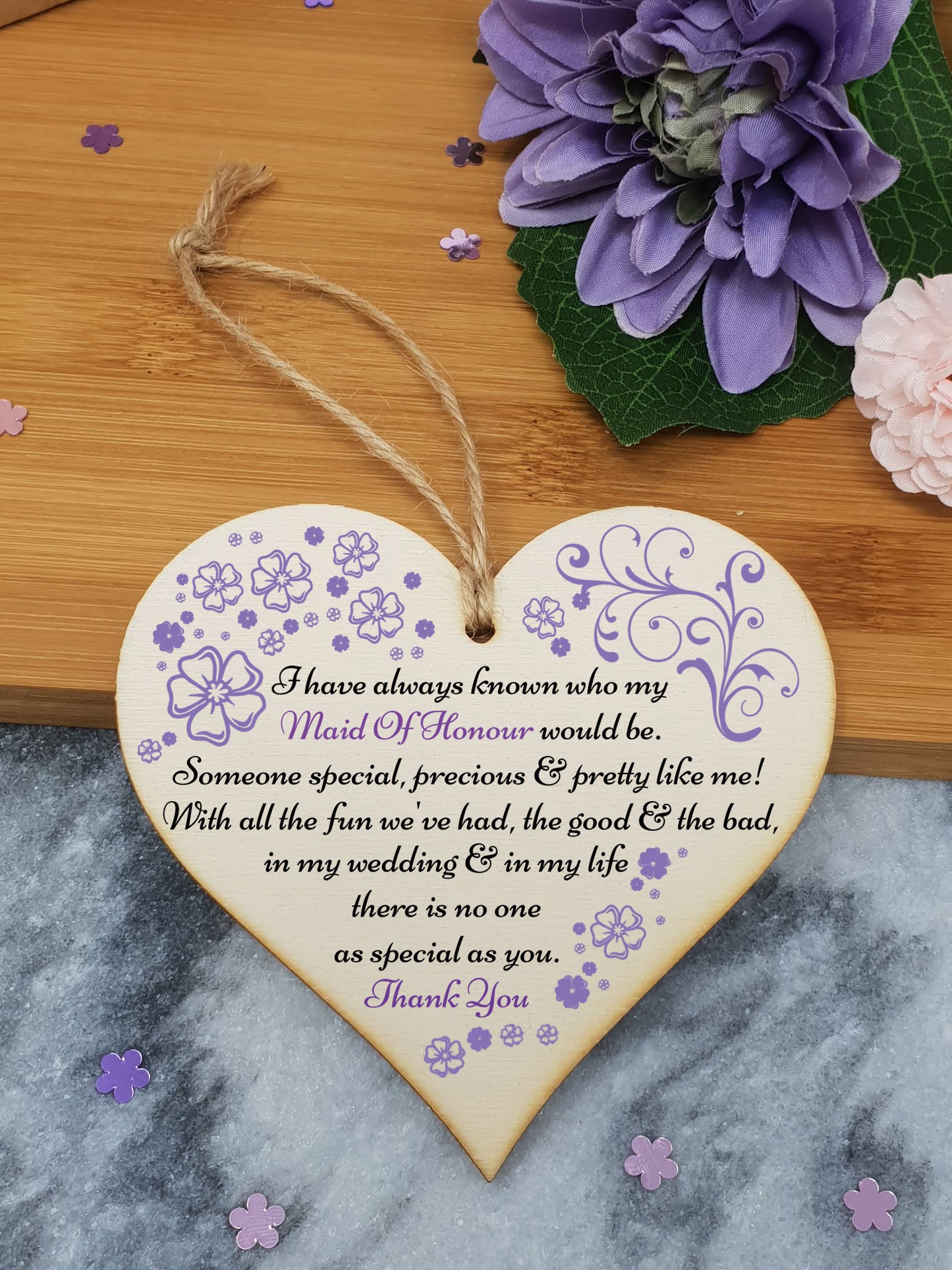 Handmade Wooden Hanging Heart Plaque Gift Thank You for Being My Maid of Honour Wedding Novelty Keepsake