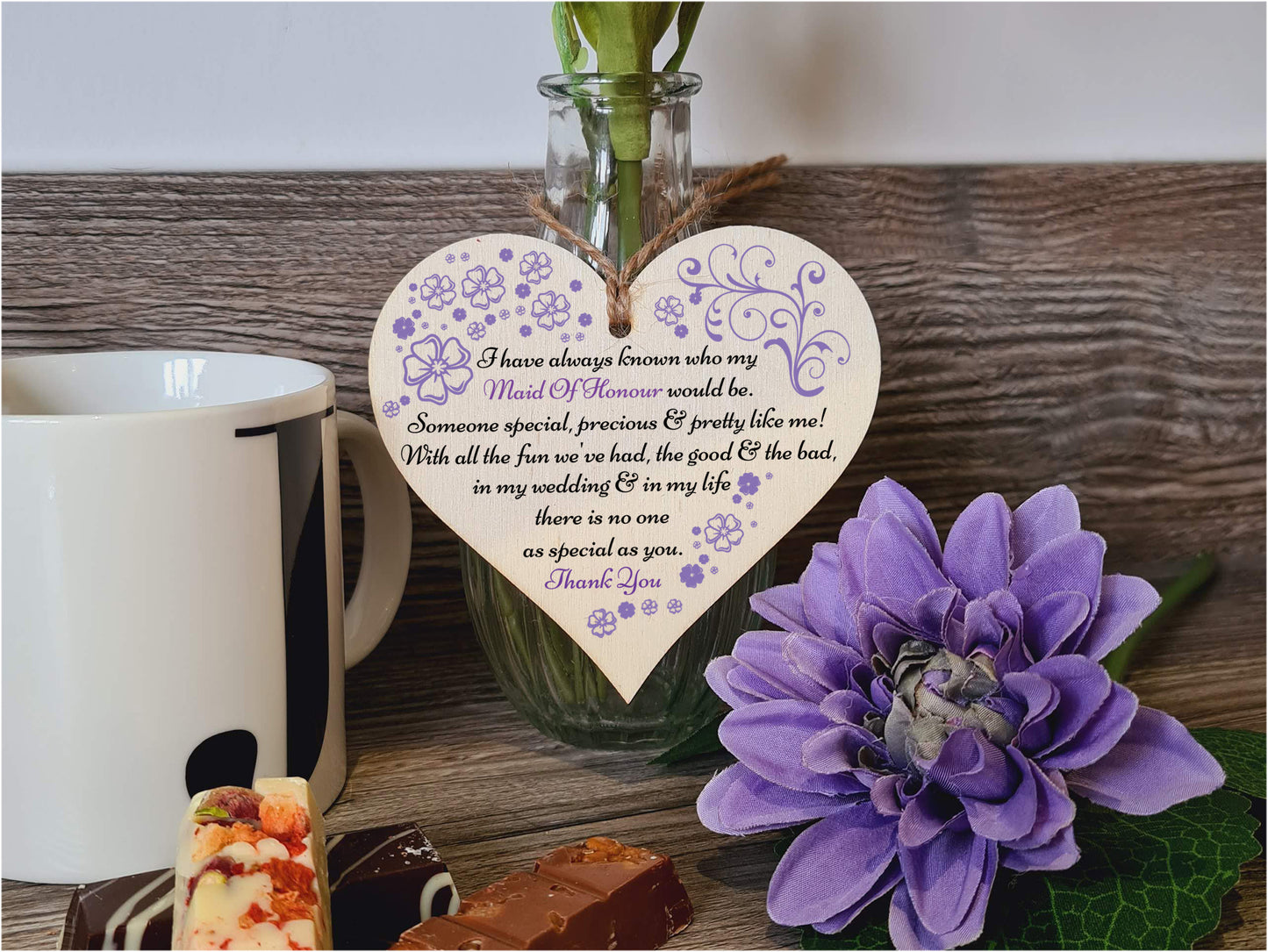 Handmade Wooden Hanging Heart Plaque Gift Thank You for Being My Maid of Honour Wedding Novelty Keepsake