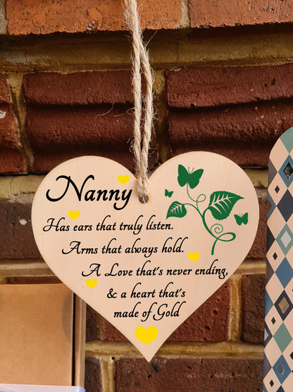 Handmade Wooden Hanging Heart Plaque Gift for Nanny Loving Thoughtful Present