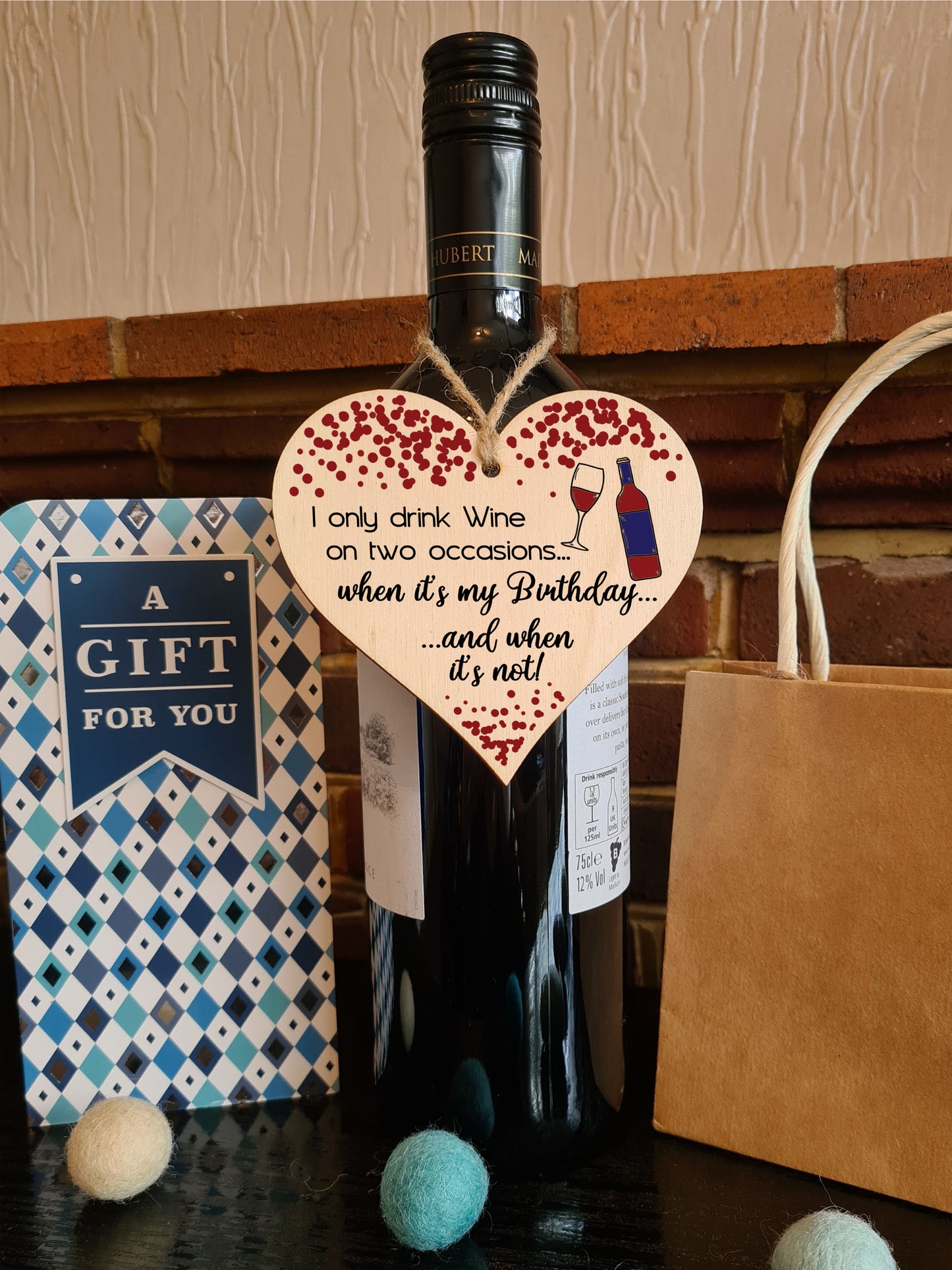Handmade Wooden Hanging Heart Plaque Gift for Wine Lovers Novelty Funny Birthday Keepsake