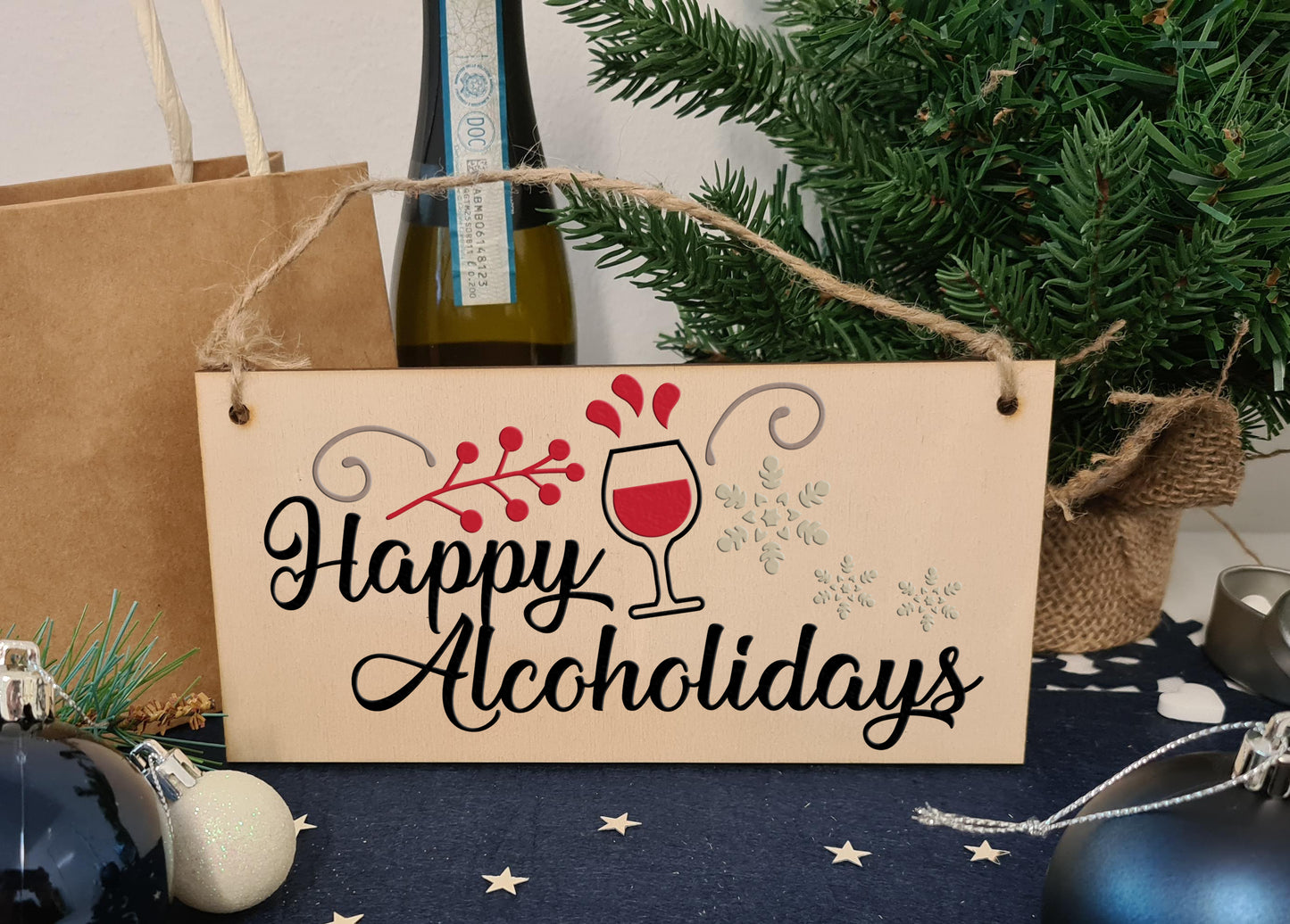 Happy Alcoholidays Funny Novelty Boozy Wine Christmas Sign Handmade Wooden Hanging Wall Plaque Gift Kitchen