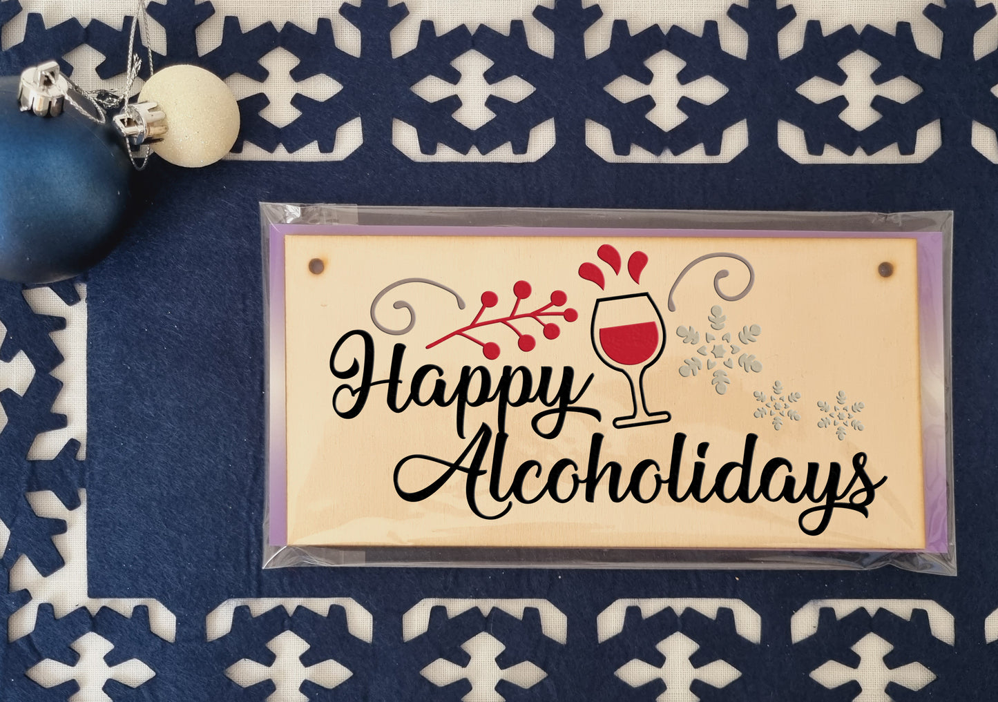 Happy Alcoholidays Funny Novelty Boozy Wine Christmas Sign Handmade Wooden Hanging Wall Plaque Gift Kitchen