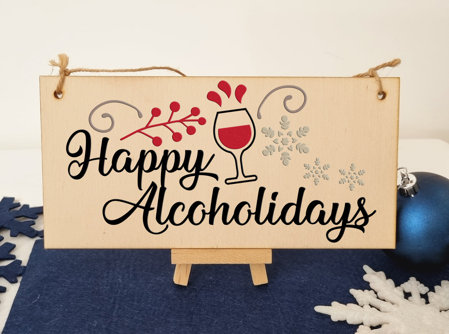 Happy Alcoholidays Funny Novelty Boozy Wine Christmas Sign Handmade Wooden Hanging Wall Plaque Gift Kitchen