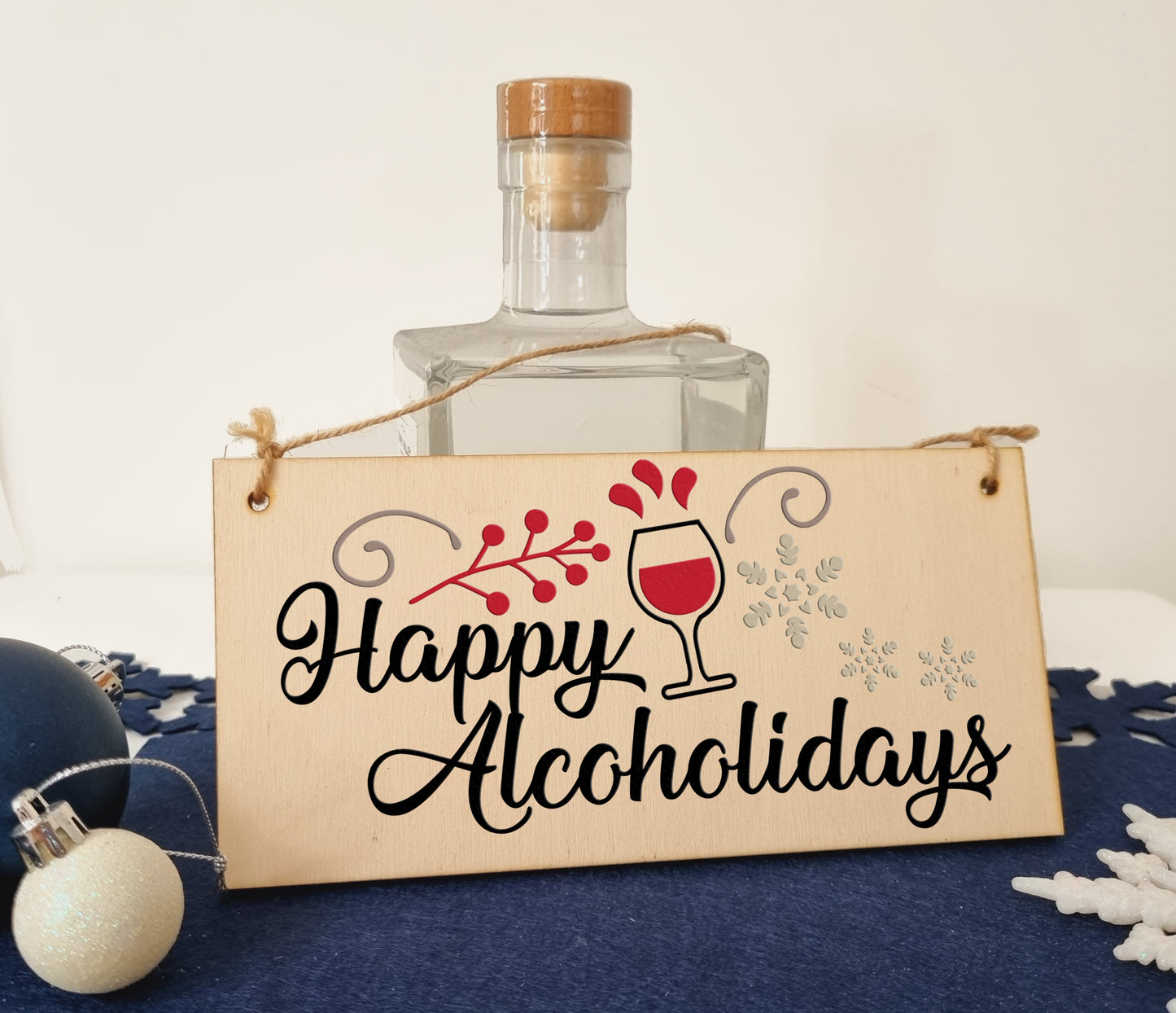 Happy Alcoholidays Funny Novelty Boozy Wine Christmas Sign Handmade Wooden Hanging Wall Plaque Gift Kitchen