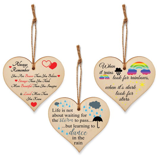 Set of 3 Hanging Decorations Wooden Hearts Inspirational Gift or Pick Me Up Vibes | Always Remember You Are | Rainbows After Storm