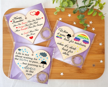 Set of 3 Hanging Decorations Wooden Hearts Inspirational Gift or Pick Me Up Vibes | Always Remember You Are | Rainbows After Storm