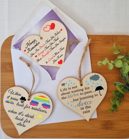 Set of 3 Hanging Decorations Wooden Hearts Inspirational Gift or Pick Me Up Vibes | Always Remember You Are | Rainbows After Storm