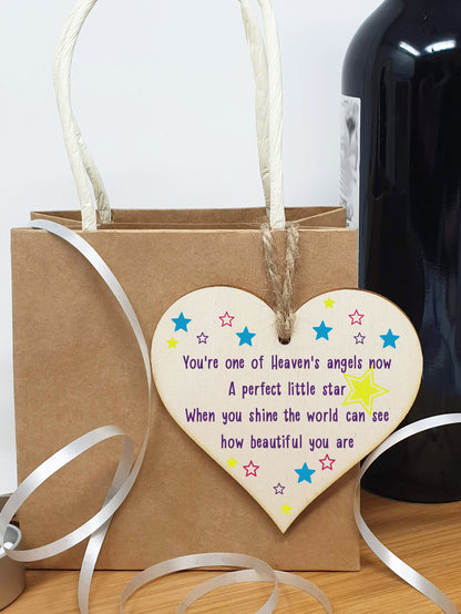 Handmade Wooden Hanging Heart Plaque Gift Heaven Angel Beautiful Star Missing You Bereavement In Memory Keepsake Wall Hanger