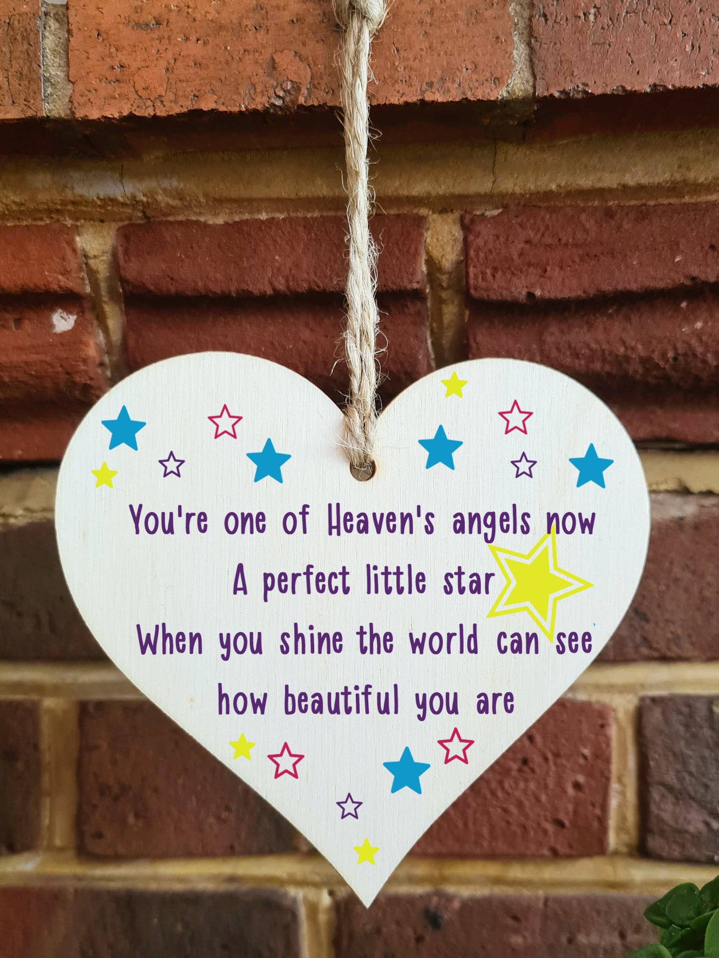 Handmade Wooden Hanging Heart Plaque Gift Heaven Angel Beautiful Star Missing You Bereavement In Memory Keepsake Wall Hanger