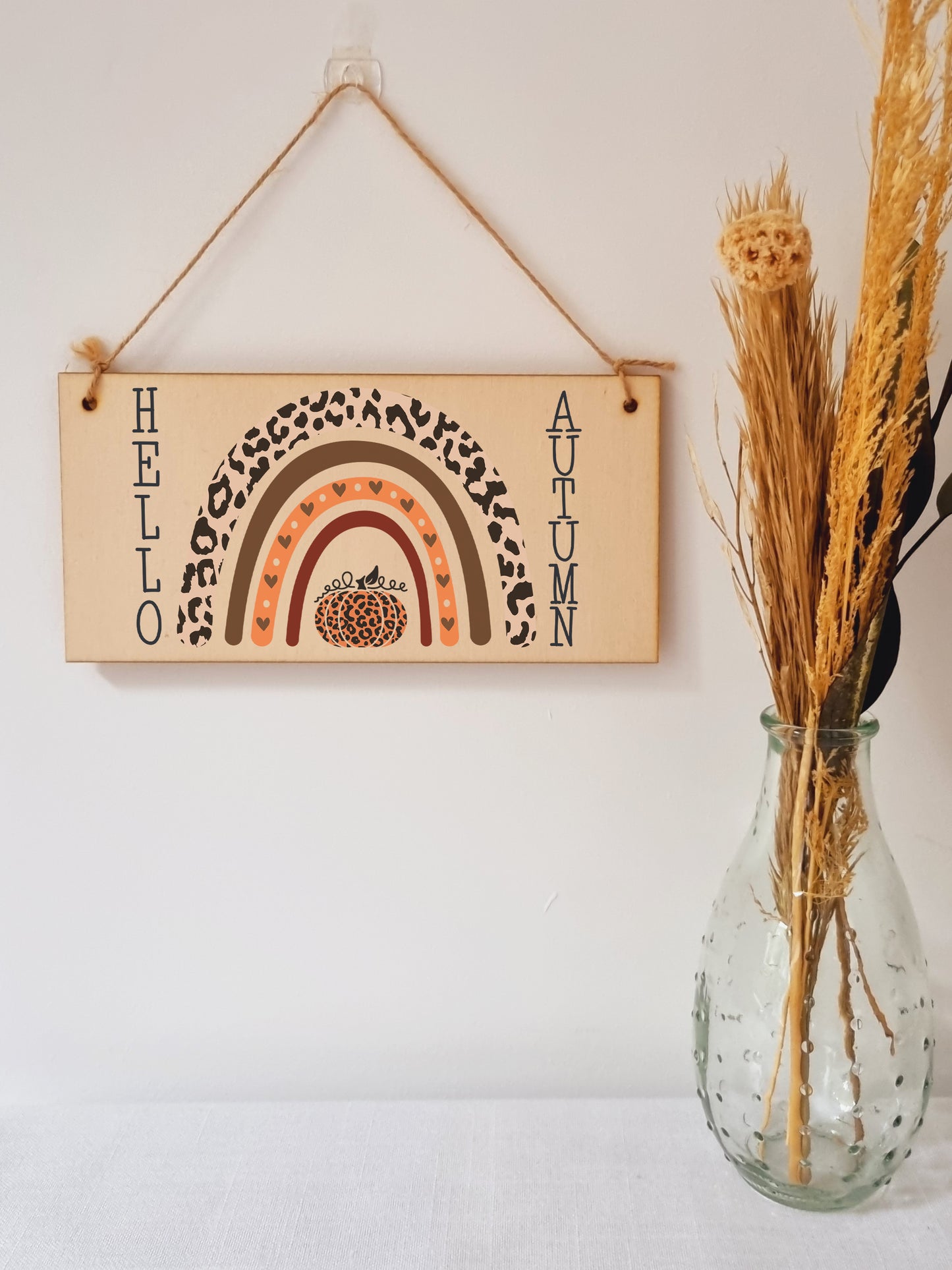 hello Autumn Seasonal Boho Rainbow Decorative Pumpkin Sign Handmade Wooden Hanging Wall Plaque Gift Hallway Home Décor