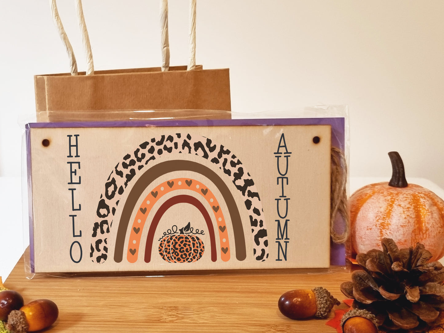 hello Autumn Seasonal Boho Rainbow Decorative Pumpkin Sign Handmade Wooden Hanging Wall Plaque Gift Hallway Home Décor