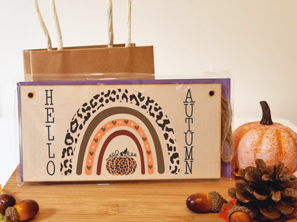 hello Autumn Seasonal Boho Rainbow Decorative Pumpkin Sign Handmade Wooden Hanging Wall Plaque Gift Hallway Home Décor