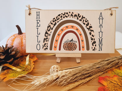 hello Autumn Seasonal Boho Rainbow Decorative Pumpkin Sign Handmade Wooden Hanging Wall Plaque Gift Hallway Home Décor