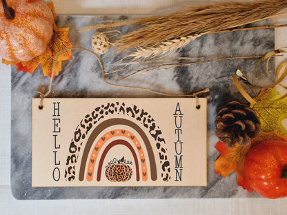 hello Autumn Seasonal Boho Rainbow Decorative Pumpkin Sign Handmade Wooden Hanging Wall Plaque Gift Hallway Home Décor