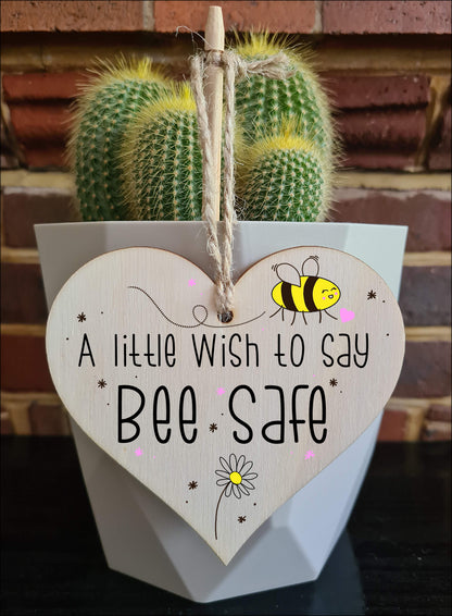 Handmade Wooden Hanging Heart Plaque Gift a little wish to say Bee Safe novelty window wall hanger gift friends family stay safe word play bumble bee saying