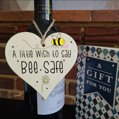 Handmade Wooden Hanging Heart Plaque Gift a little wish to say Bee Safe novelty window wall hanger gift friends family stay safe word play bumble bee saying