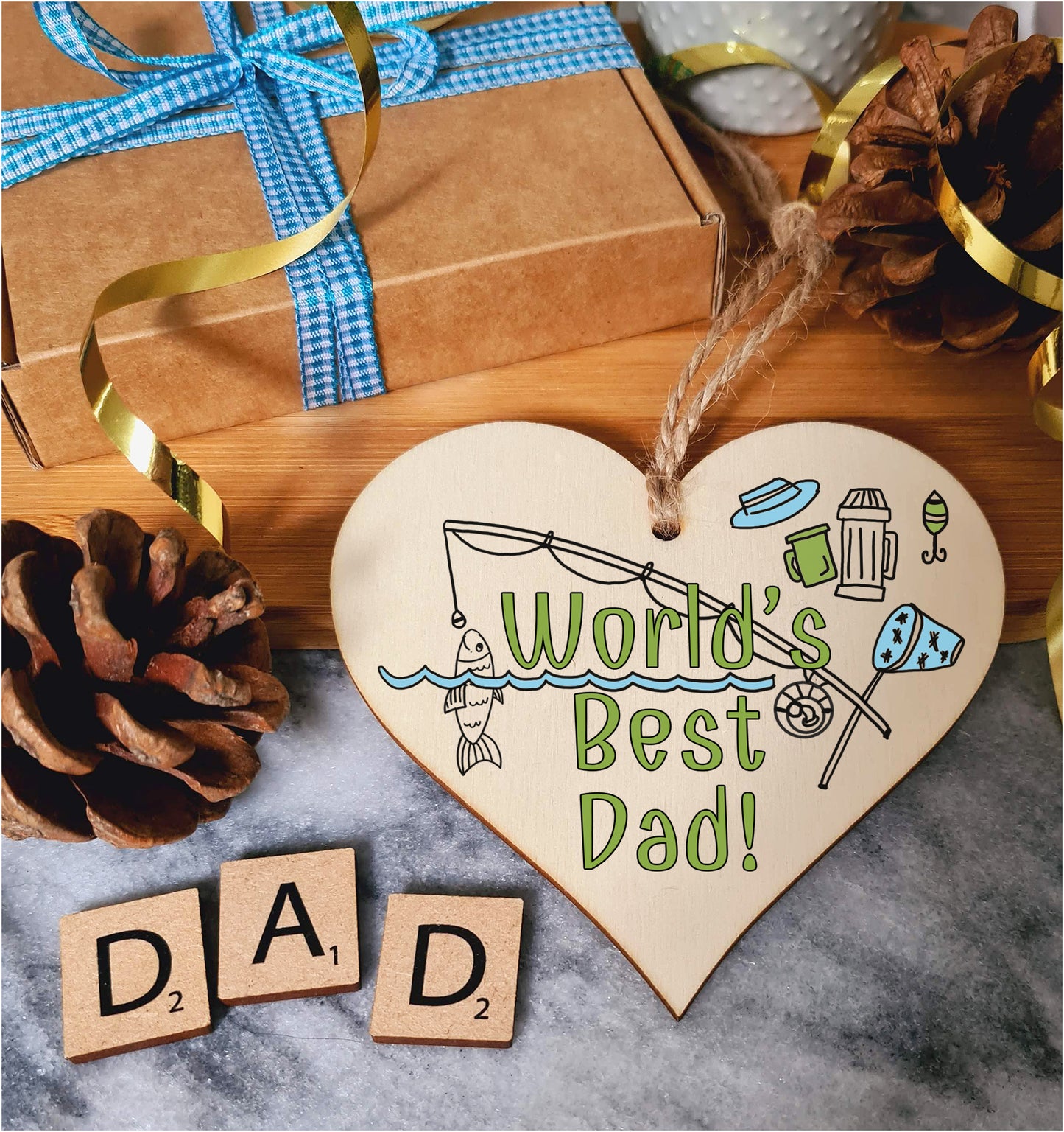 Handmade Wooden Hanging Heart Plaque Gift for Dad this Fathers Day Novelty Fun Thoughtful Keepsake for Fishing Fan