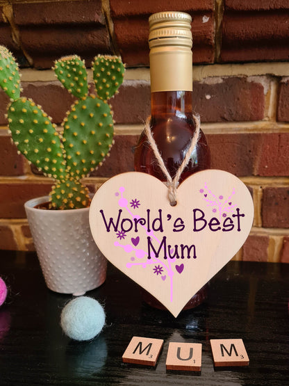 Handmade Wooden Hanging Heart Plaque Mother's Day Gift for Mum loving thoughtful special keepsake World's Best Mum stylish classy artistic wall hanger card alternative from daughter son kids