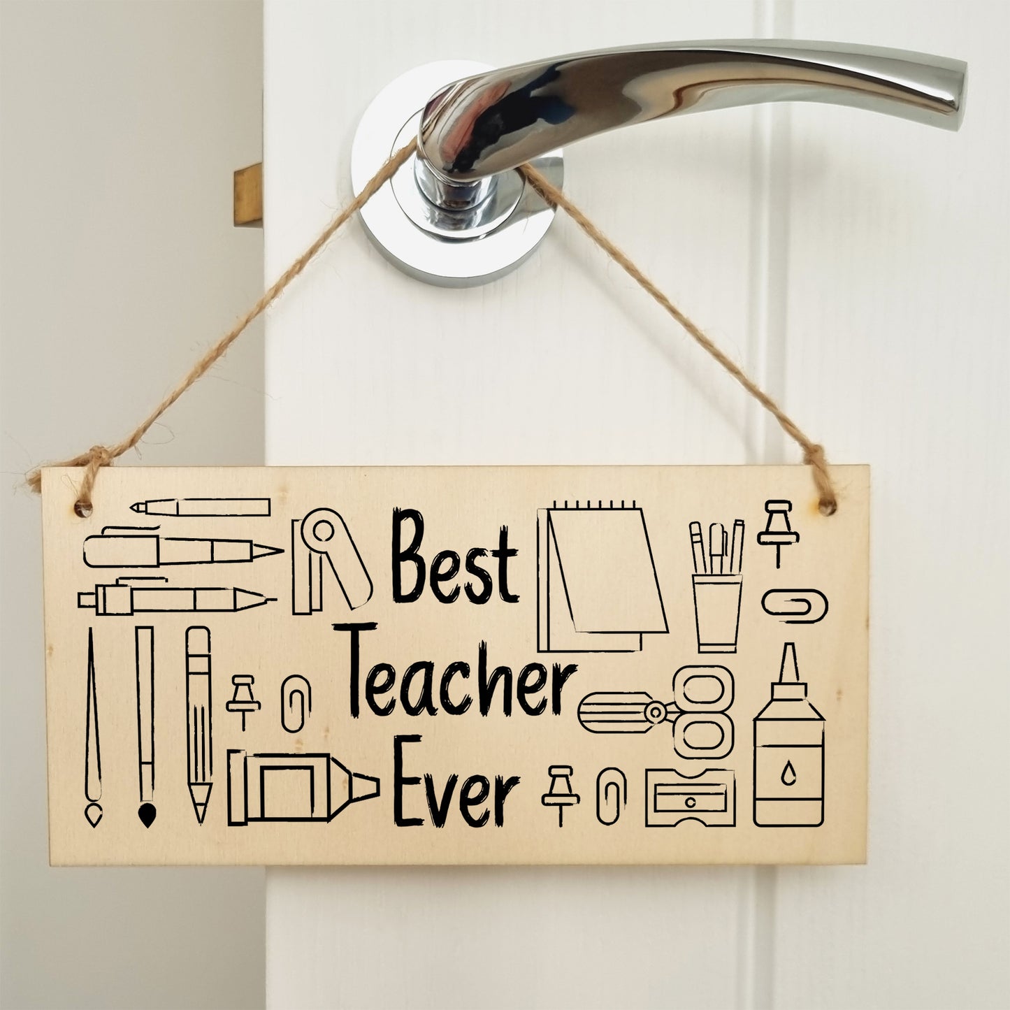 Handmade Wooden Hanging Wall Plaque for the Best Teacher Ever End of Term Gift Fun Stationery Design