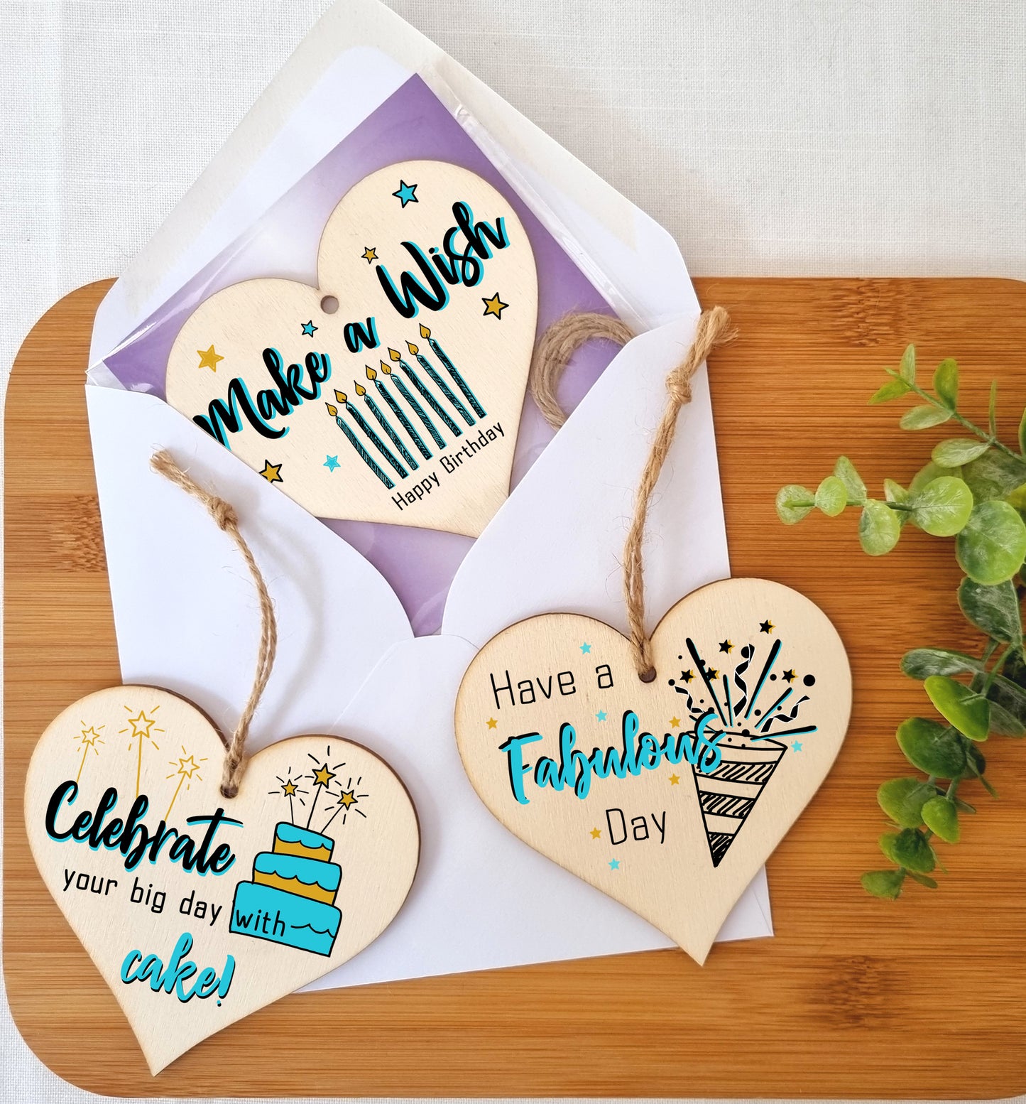 Set of 3 Hanging Decorations Wooden Hearts Happy Birthday Card Alternative | Celebrate in Style | Make a Wish | Have a Fabulous Day