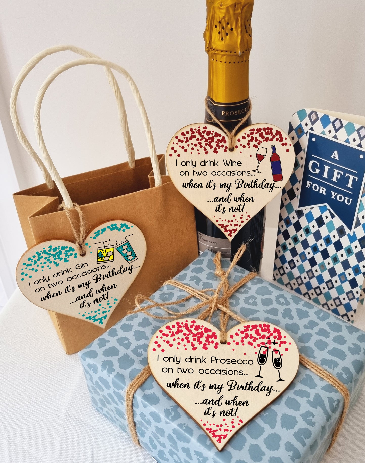 Set of 3 Hanging Decorations Wooden Hearts Happy Birthday Card Alternative | I Only Drink on 2 Occasions | Gin | Wine | Prosecco