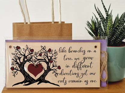 Like Branches on a Tree We Grow Roots Remain Handmade Wooden Hanging Wall Plaque Sentimental Family Gift Decoration