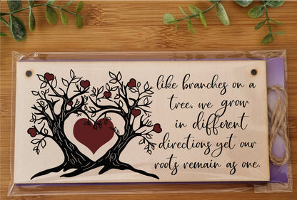 Like Branches on a Tree We Grow Roots Remain Handmade Wooden Hanging Wall Plaque Sentimental Family Gift Decoration