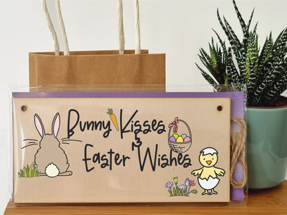 Handmade Wooden Hanging Wall Plaque Bunny Kisses Easter Wishes Cute Fun Easter Sign Garden Kitchen Decoration