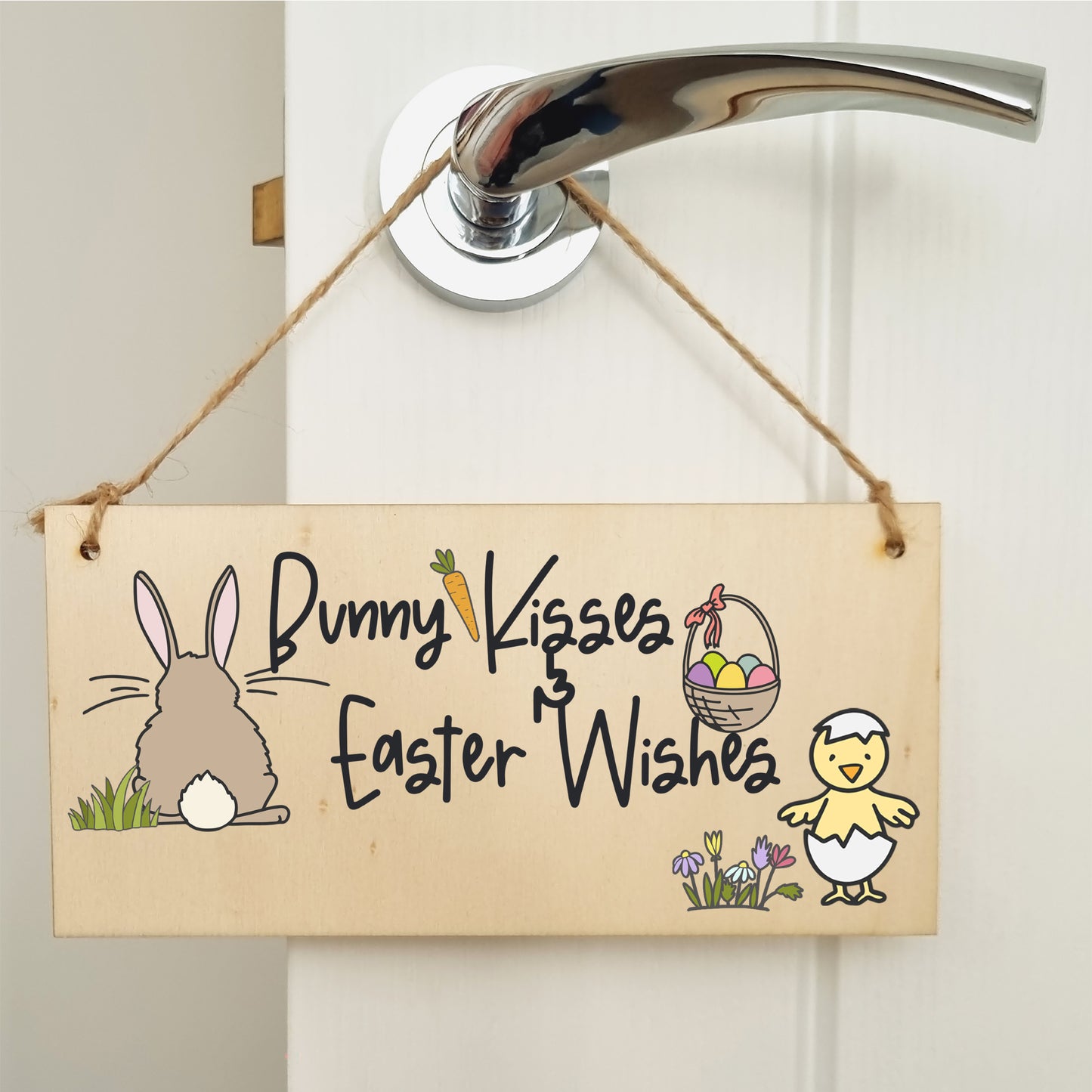 Handmade Wooden Hanging Wall Plaque Bunny Kisses Easter Wishes Cute Fun Easter Sign Garden Kitchen Decoration