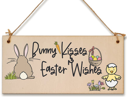 Handmade Wooden Hanging Wall Plaque Bunny Kisses Easter Wishes Cute Fun Easter Sign Garden Kitchen Decoration