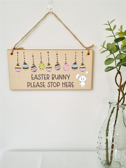 Handmade Wooden Hanging Wall Plaque Easter Bunny Please Stop Here Cute Fun Easter Sign Garden Kitchen Decoration